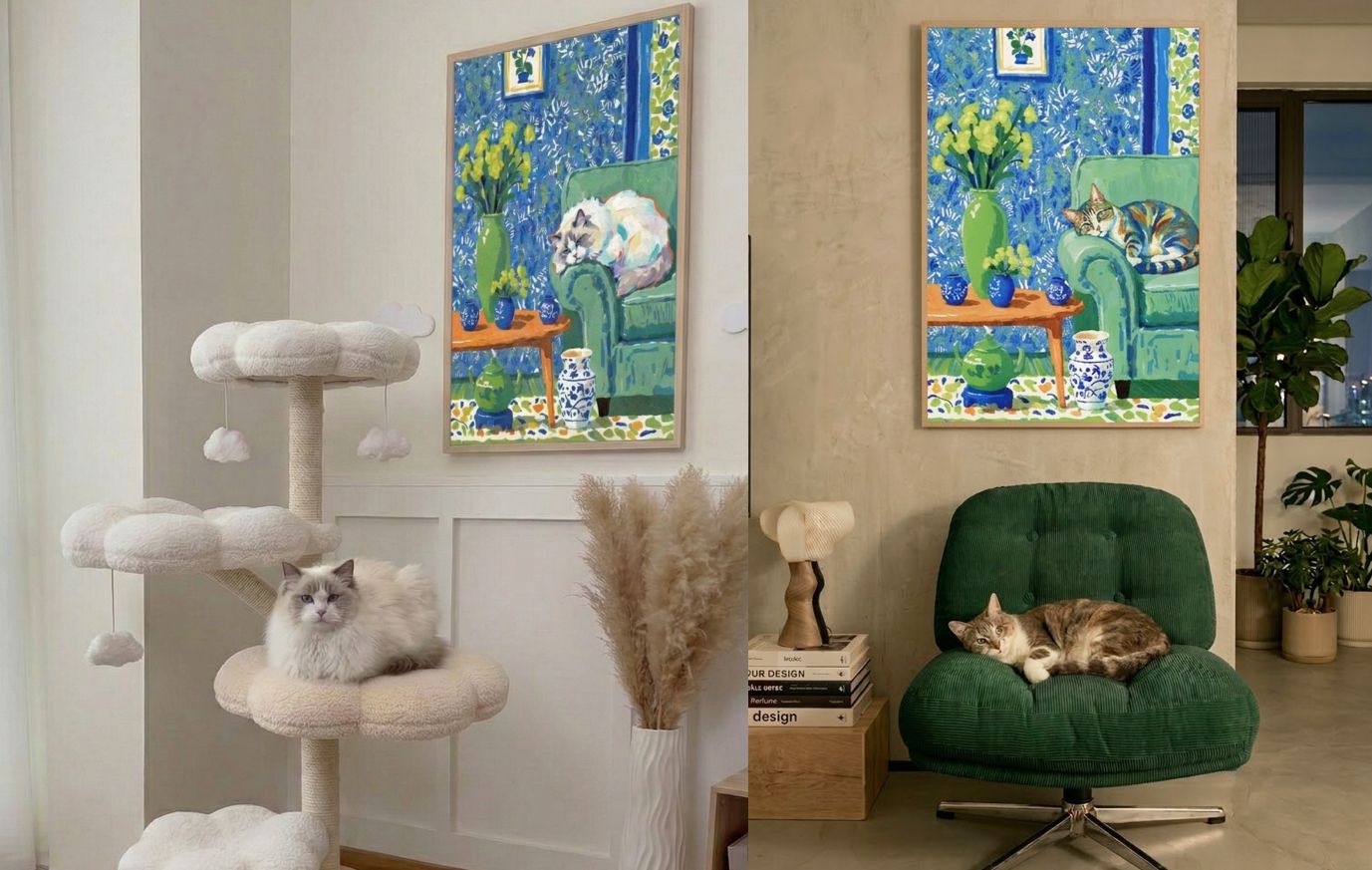 Two cats painted in impressionist style, each resting on a green sofa surrounded by blue botanical wallpaper — shown alongside the real cats at home