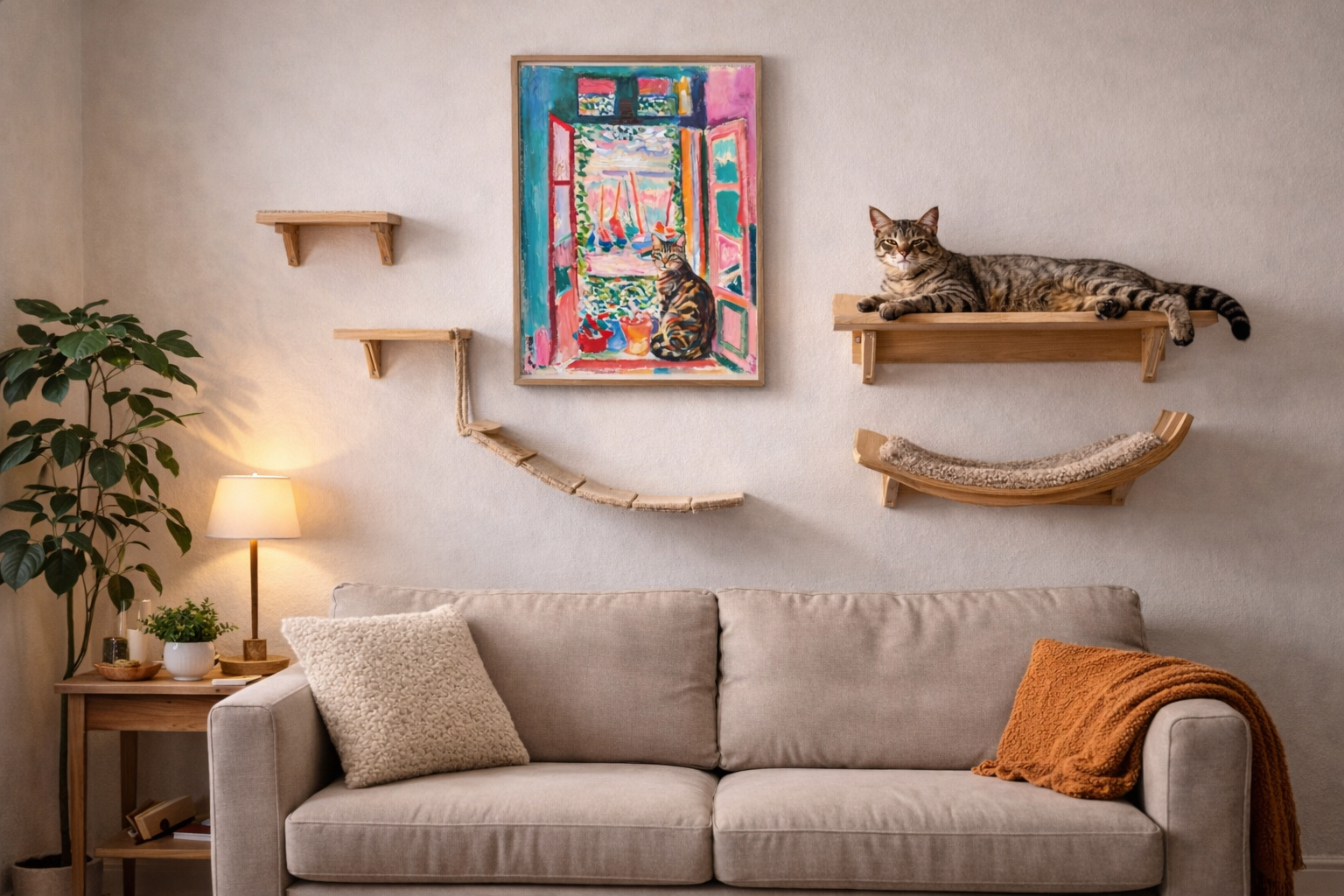 cat wall decor with wall-mounted cat shelves arranged around a framed cat painting in a cozy living room