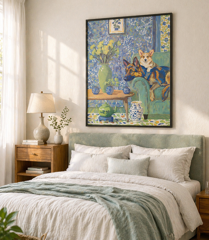The Art of Doing Nothing custom impressionist dog portrait in chinoiserie-inspired blue-green palette displayed above a sage green headboard in a soft neutral bedroom