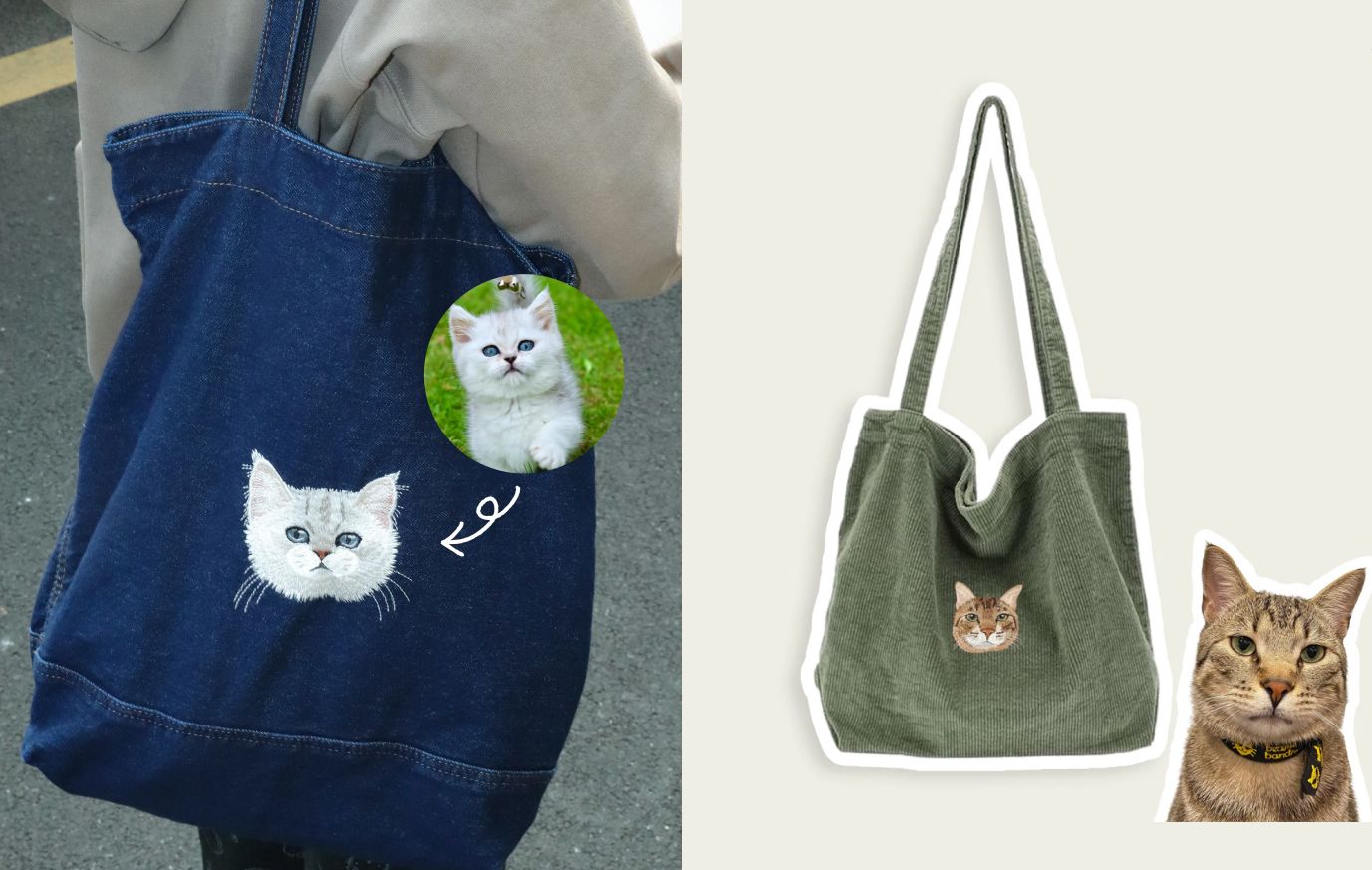 personalized eco tote bag with cat embroidery for pet lovers