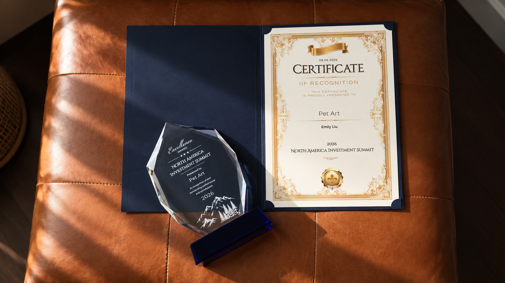Pet Art Excellence Award and Certificate of Recognition from the 2026 North America Investment Summit.
