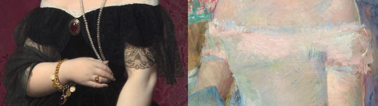 Close-up detail comparison — Ingres' rendering of black lace and gold jewelry with meticulous precision on the left, versus Cassatt's loose, painterly strokes suggesting fabric and light on the right