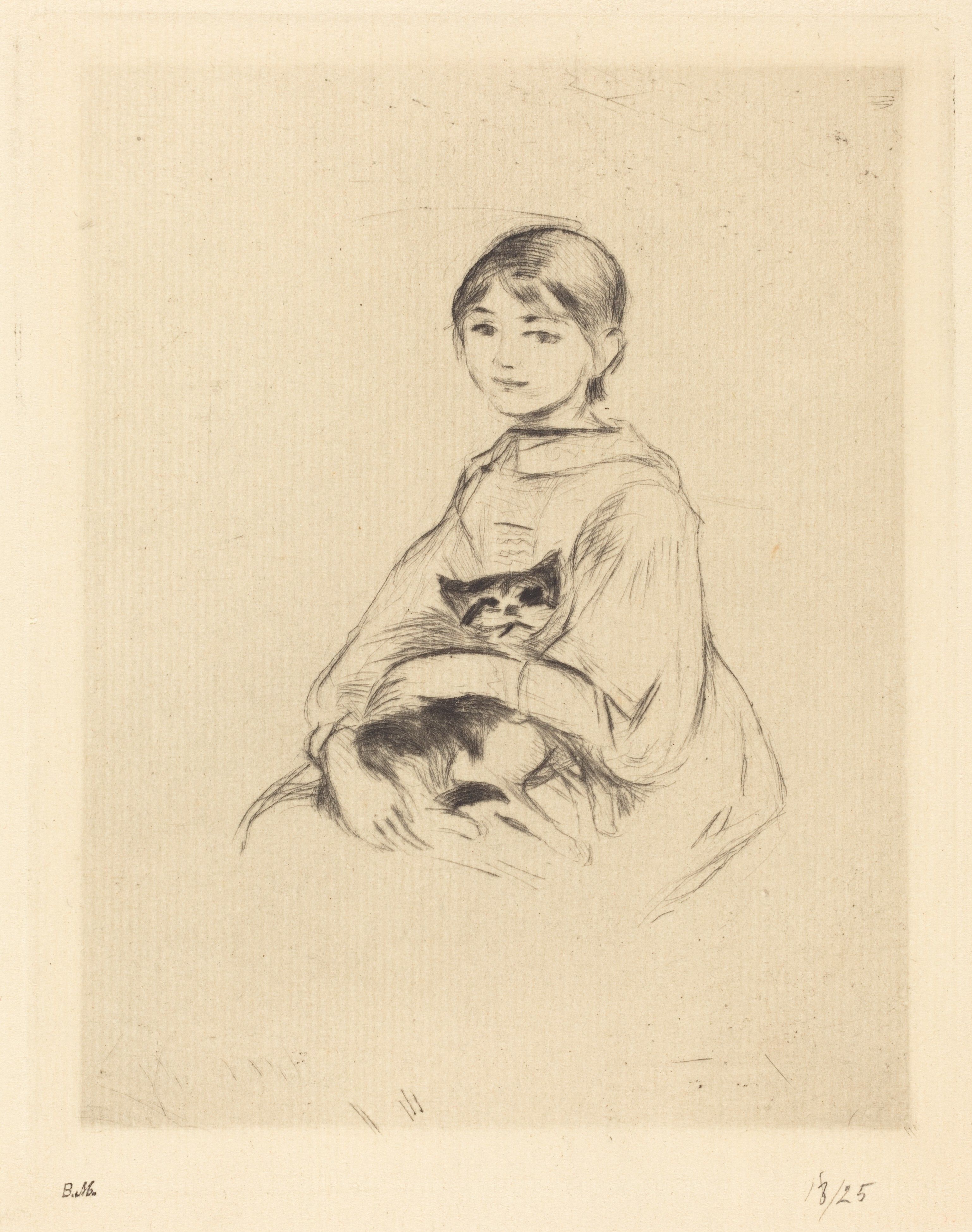 Berthe Morisot’s Julie Manet Holding a Cat, showing a young girl seated with a cat resting comfortably in her arms.