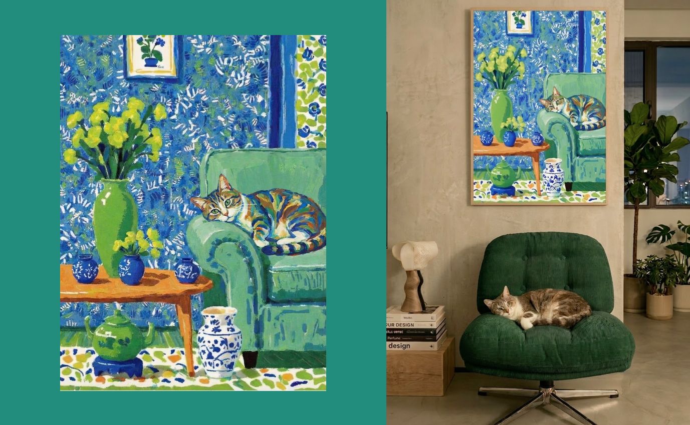 The Art of Doing Nothing impressionist pet portrait in cool blue and green tones hanging above a green velvet chair with a real cat resting below