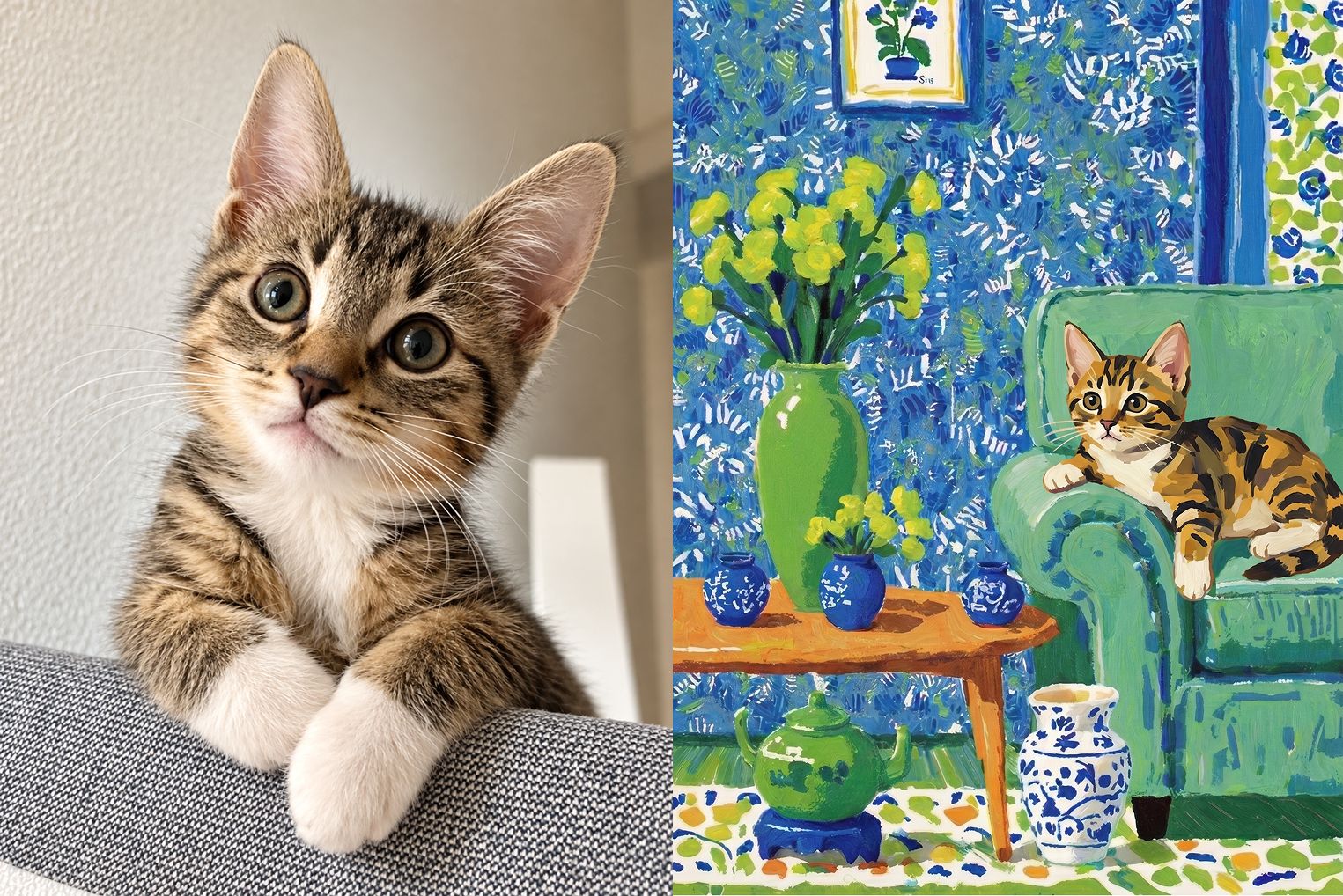 Tabby kitten photo beside a colorful custom cat portrait inspired by the same pet.