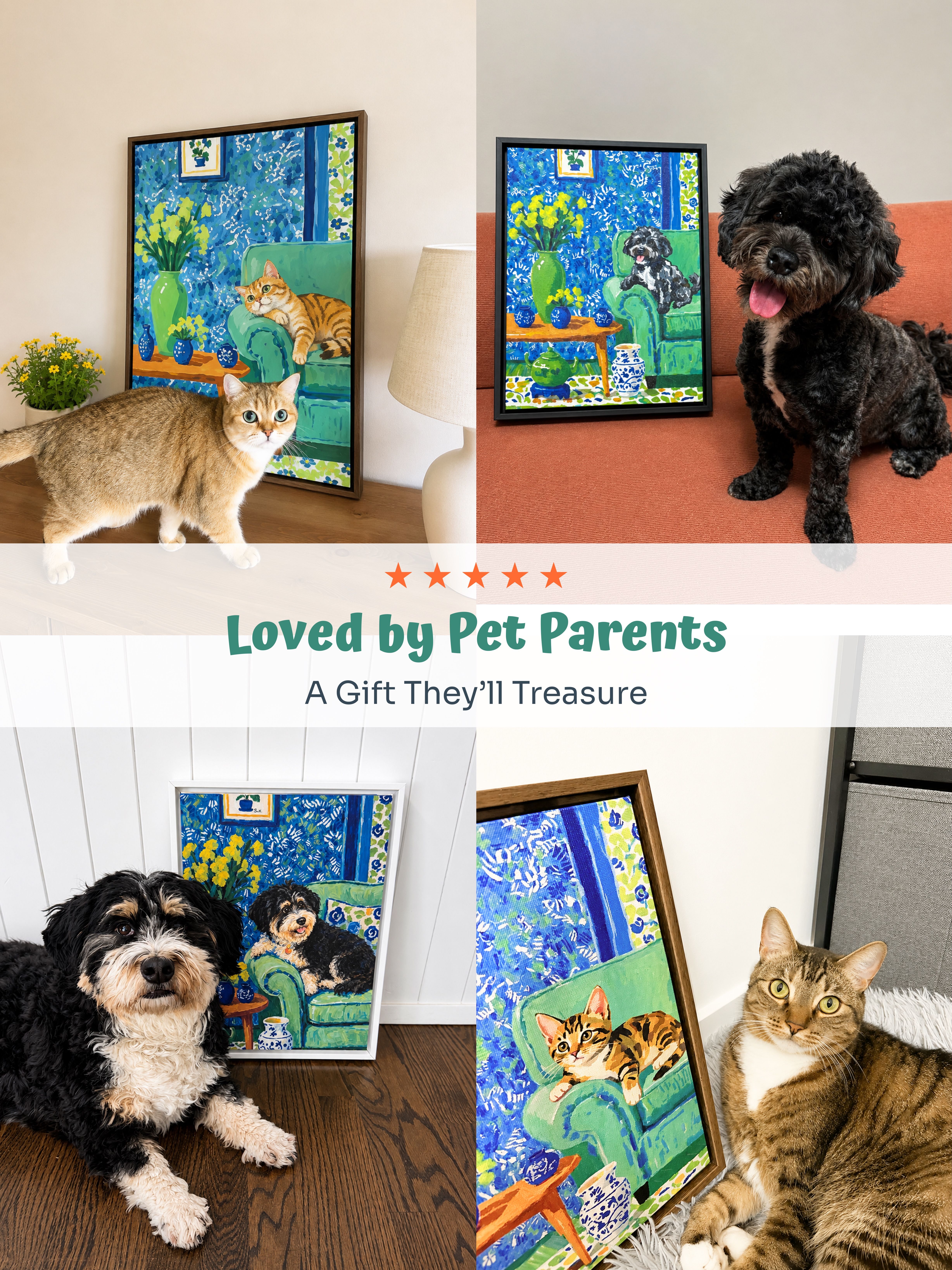 Custom pet portraits of cats and dogs displayed beside their pets, loved by pet parents as meaningful personalized gifts.