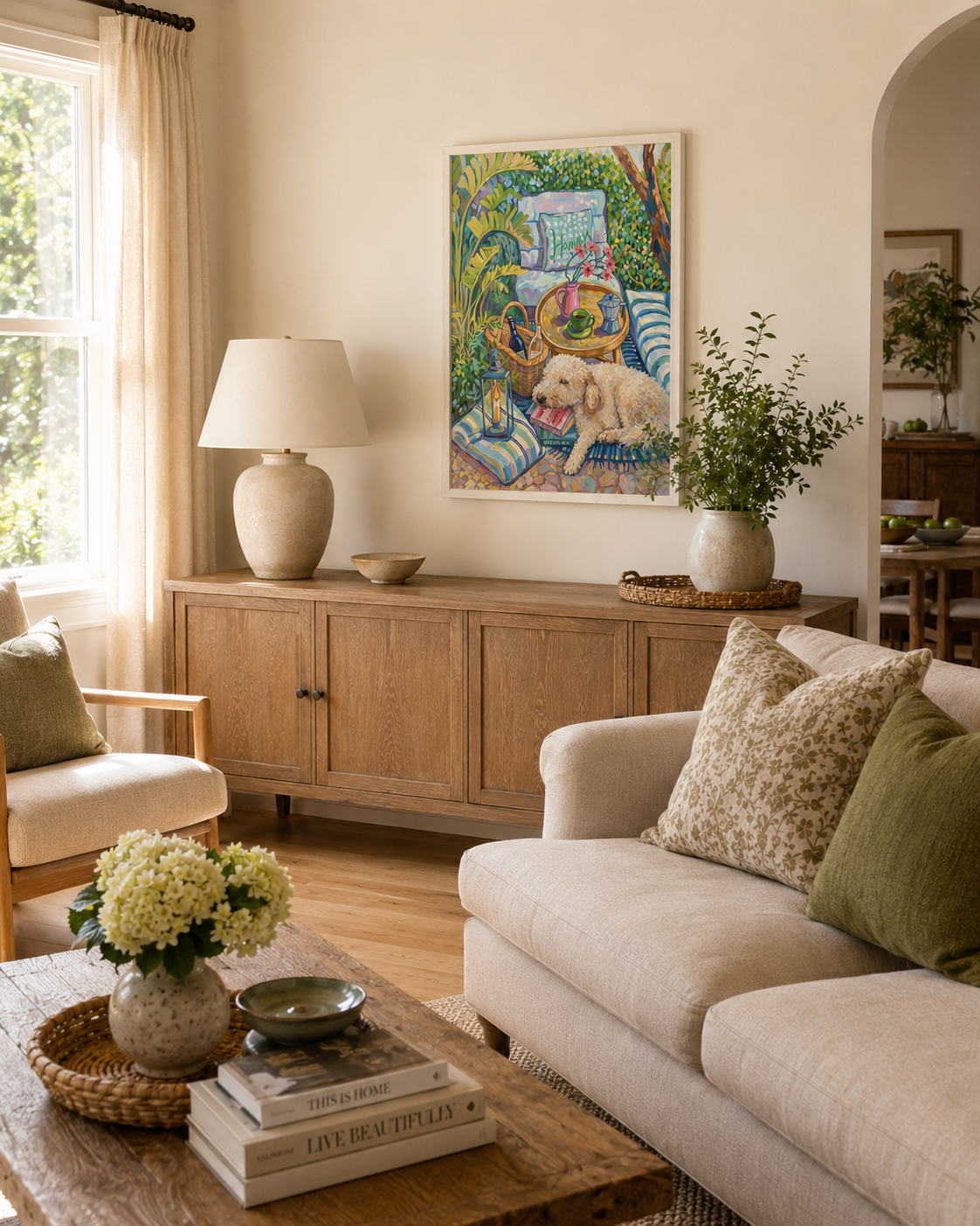 Afternoon Garden framed dog artwork hung as living room wall art above a wood console with a lamp and plant