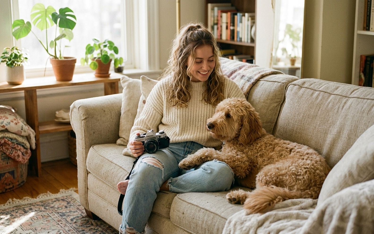 A young woman sitting on a couch with her golden doodle, holding a film camera and smiling, in a warm sunlit living room with houseplants and bookshelves.