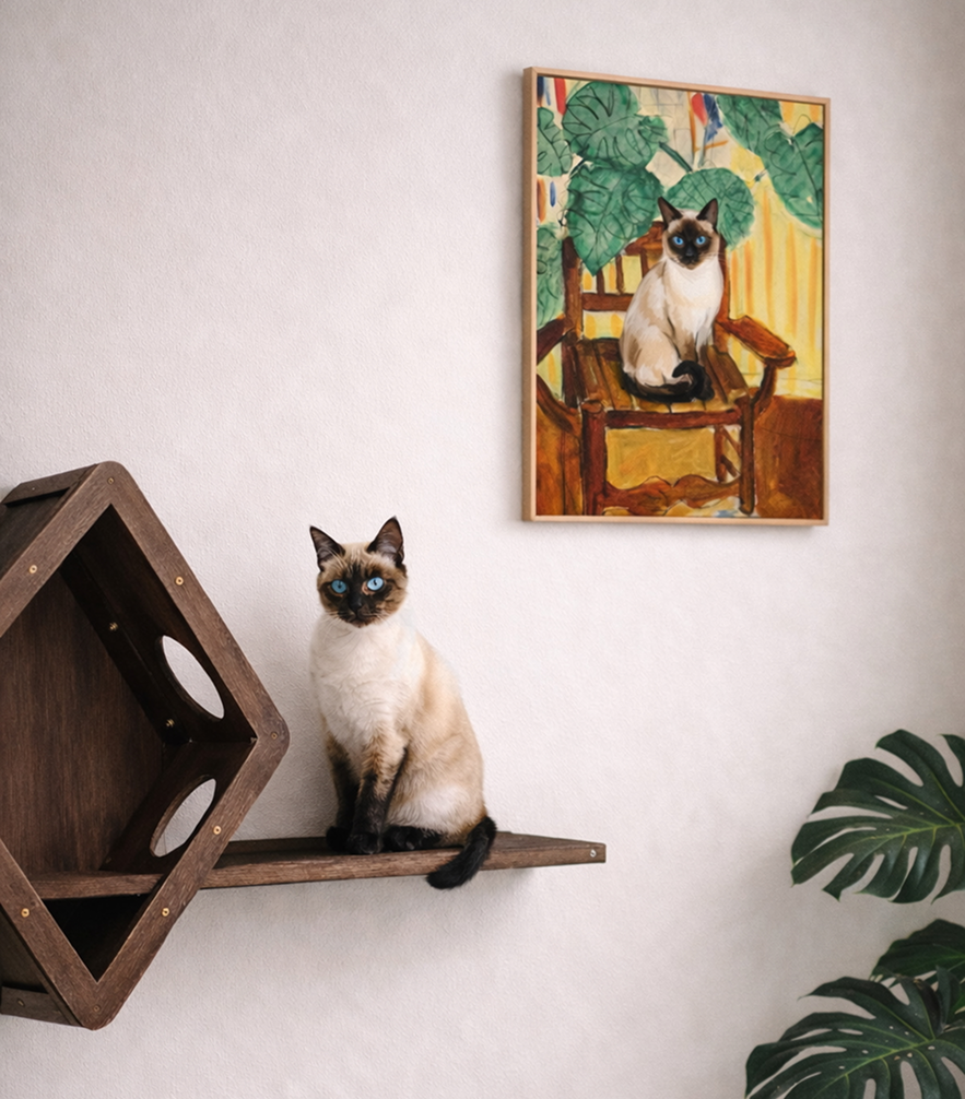 Custom cat oil painting portrait in warm botanical style, golden tones, cat sitting in velvet chair surrounded by plants, impressionist pet art