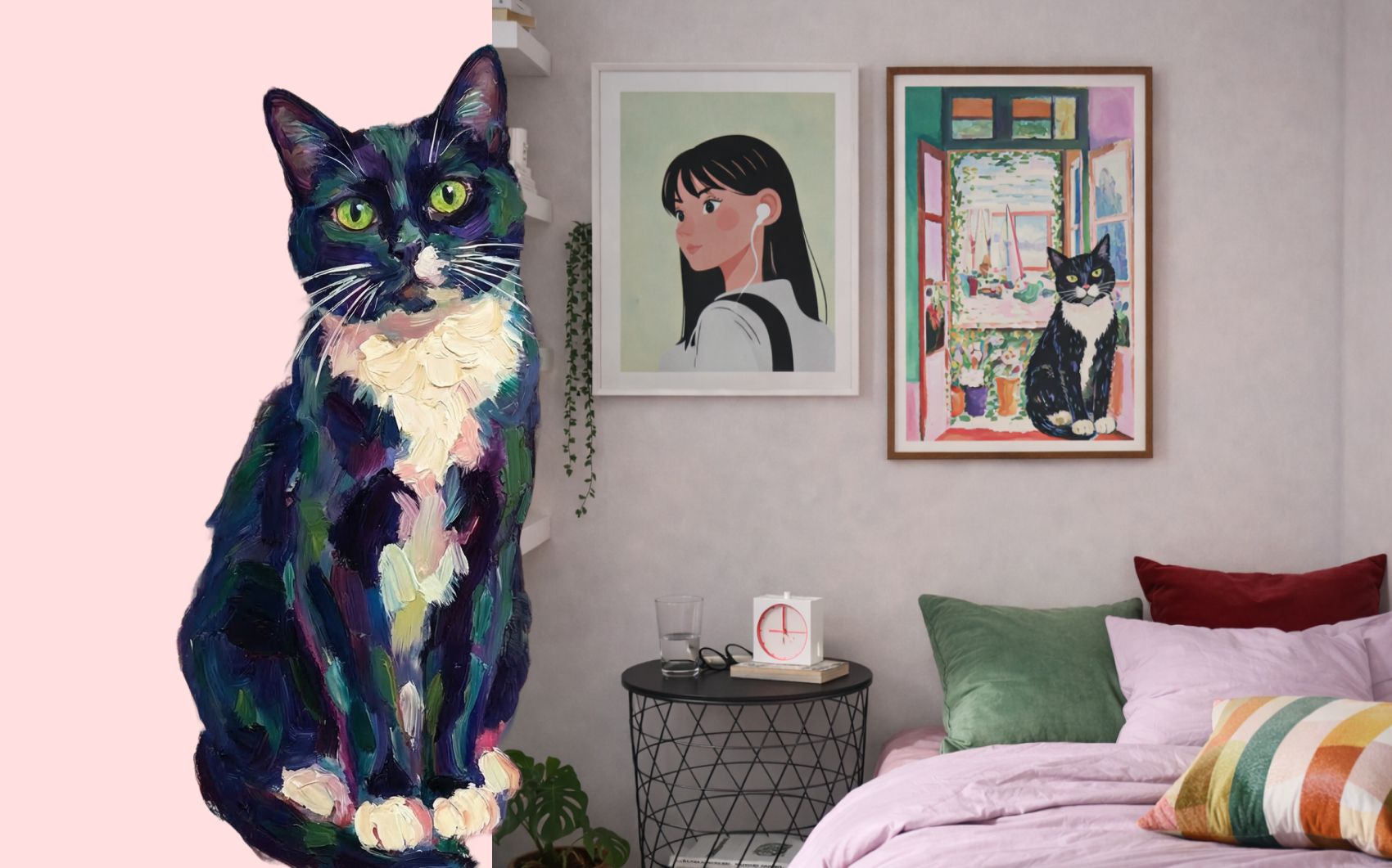 Custom cat oil painting portrait in Mediterranean style, sun-drenched warm colors, playful cat wall art, impressionist pet painting from photo