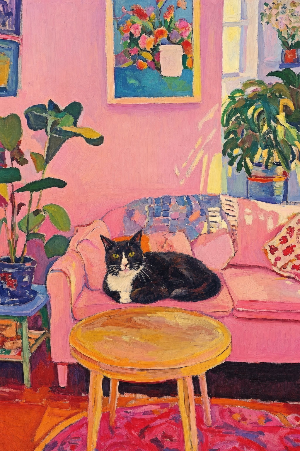 Black and white cat lounging on a pink sofa in a colorful custom cat portrait.