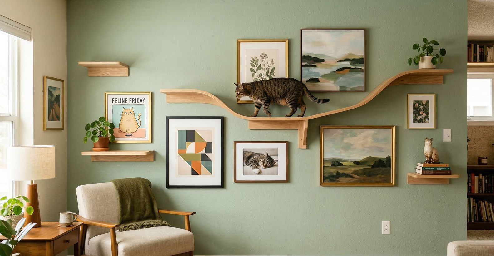 A tabby cat walking along a curved wooden wall shelf in a living room decorated with a gallery wall of framed artwork, including landscapes, a geometric print, and a cat illustration, against a sage green wall.