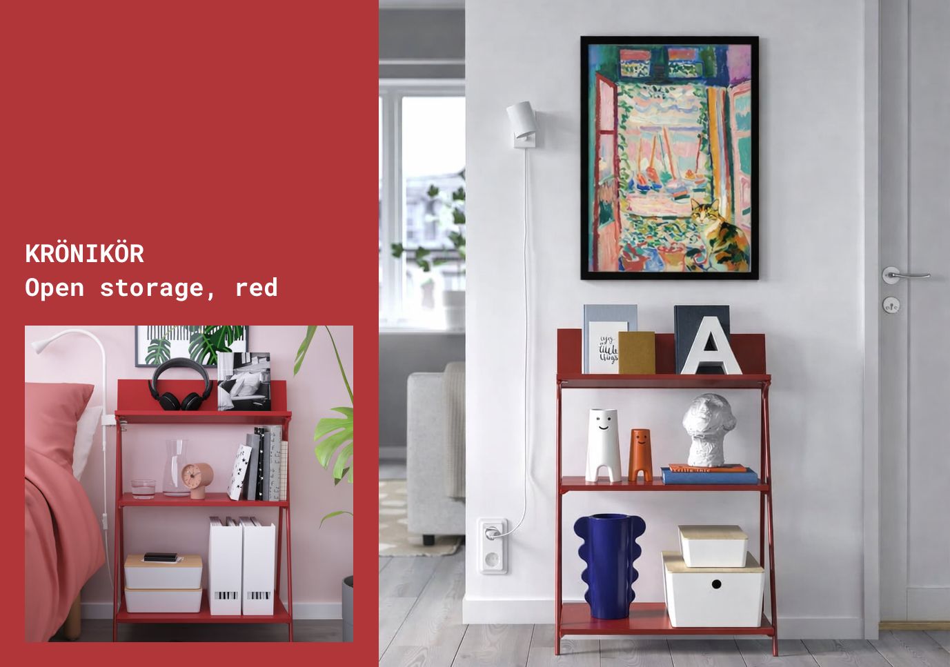 bold red ikea shelf with minimal decor and pet portrait above
