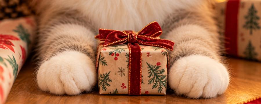A small Christmas gift wrapped in patterned kraft paper with a red bow sits between a fluffy cat’s white paws.