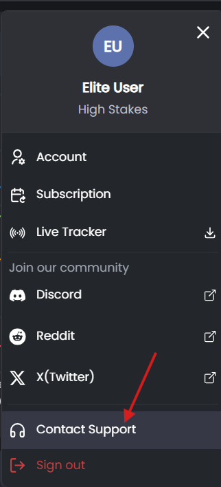 FlopHero app menu showing Subscription, Live Tracker, and Discord community options