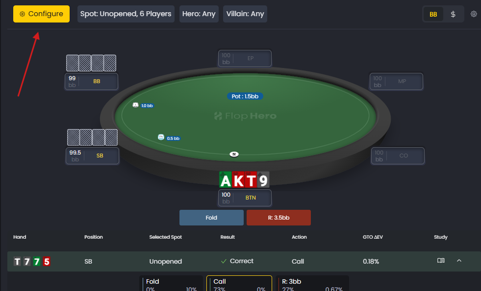Trainer table view showing configuration button and filter setup for preflop practice spots