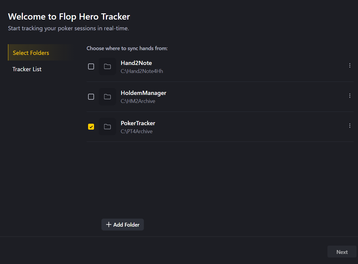 Live Tracker folder selection screen showing paths for PokerTracker, Holdem Manager, and Hand2Note