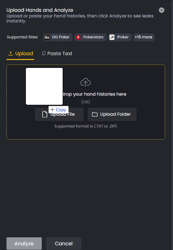 Upload interface showing drag and drop area for poker hand history files