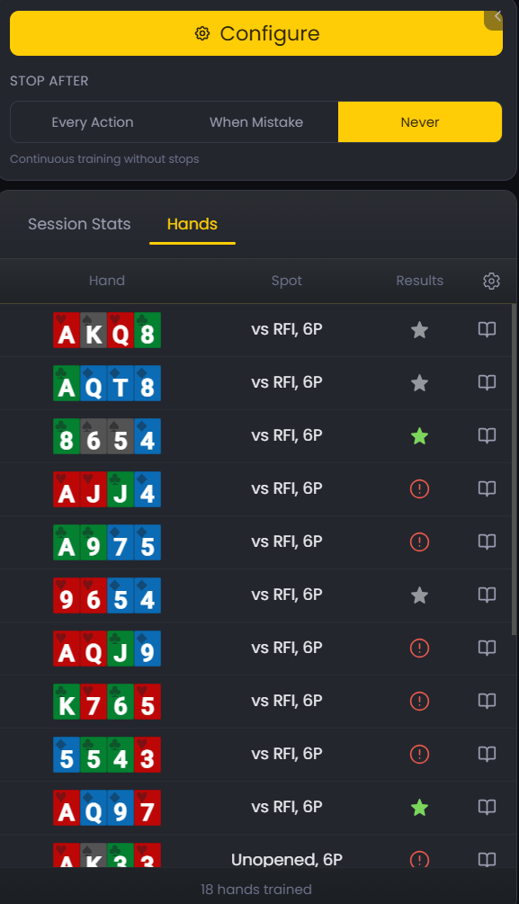 FlopHero Trainer Hands tab showing a list of played hands with spot type and results icons