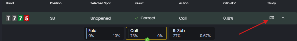 Trainer result screen highlighting the Study button used to open full GTO breakdowns