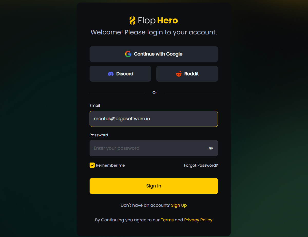 FlopHero login screen showing Google, Discord, and Reddit sign-in options, with the email field prefilled and password entry enabled.