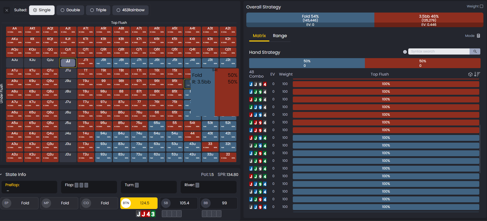 FlopHero GTO matrix grid displaying action frequencies for different poker hands in a balanced range