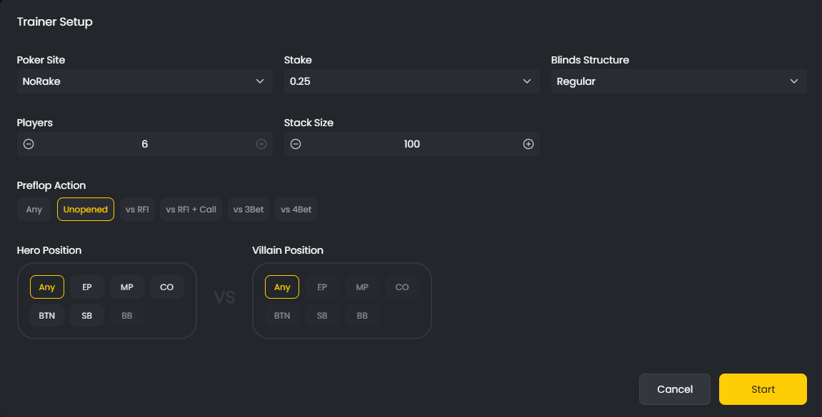 Trainer setup menu showing adjustable options for stake size, blinds, and player count