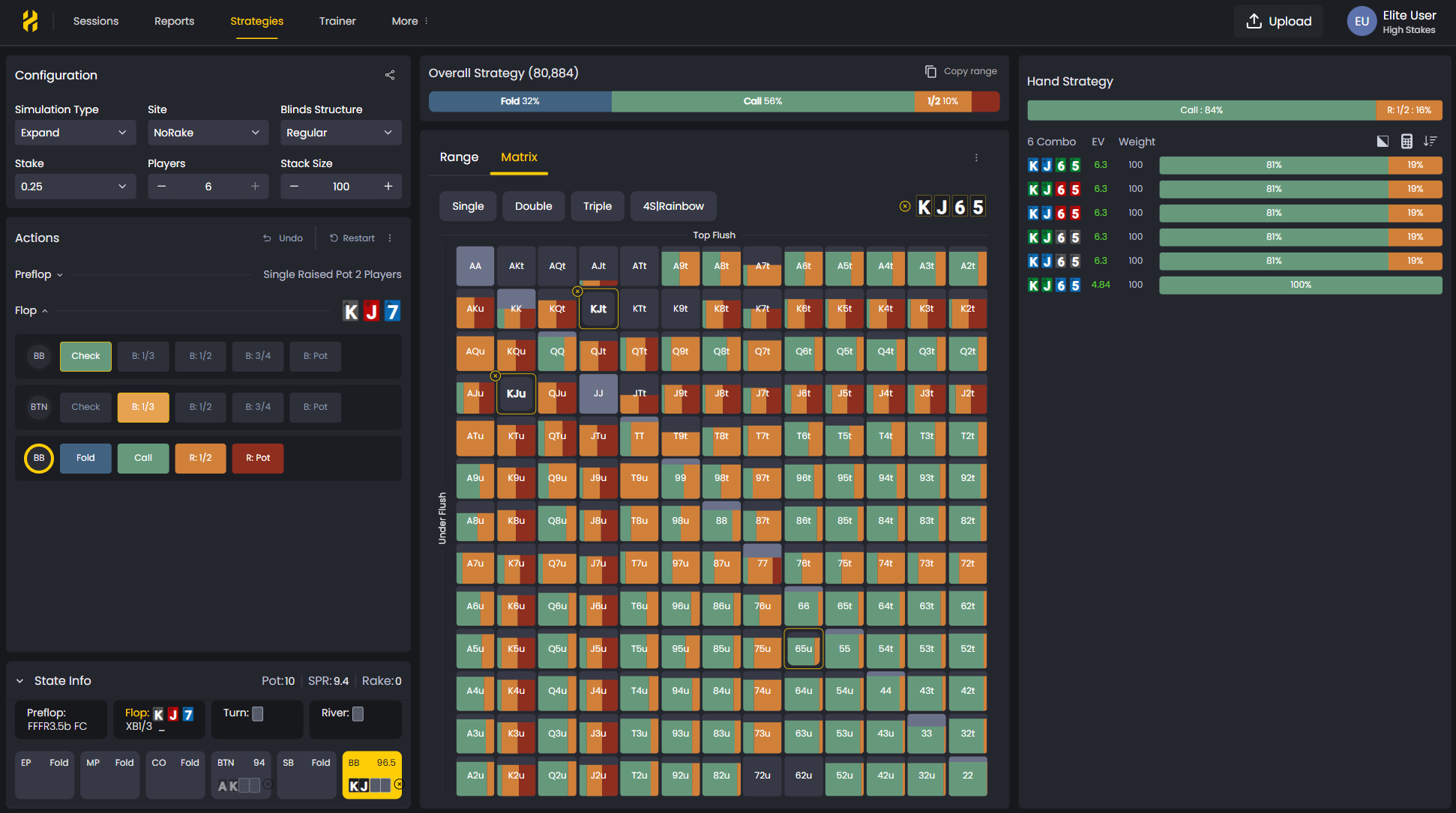 FlopHero Strategies screen with configuration on the left, KJ7 board matrix in the center, and hand strategy breakdown on the right.