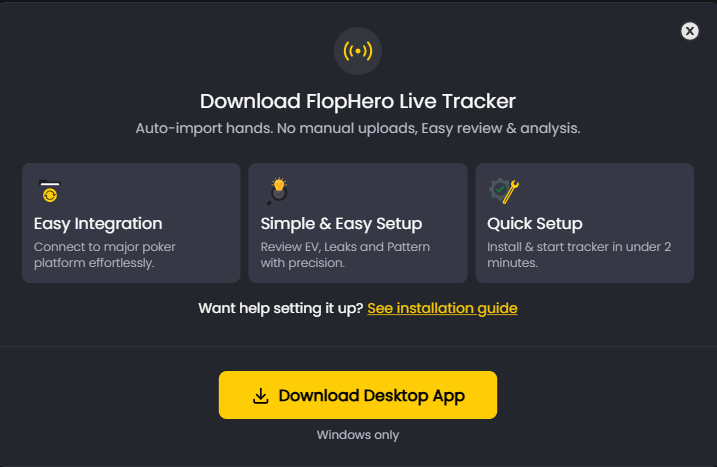 FlopHero Live Tracker download modal highlighting easy integration, simple setup steps, and the Windows-only download button.