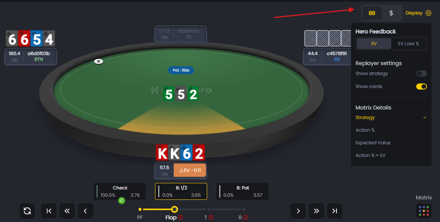 FlopHero Replayer showing KK62 on a 5-5-2 flop with the Display Settings panel open, featuring controls for EV vs EV Loss %, strategy visibility, card visibility, and matrix detail options.