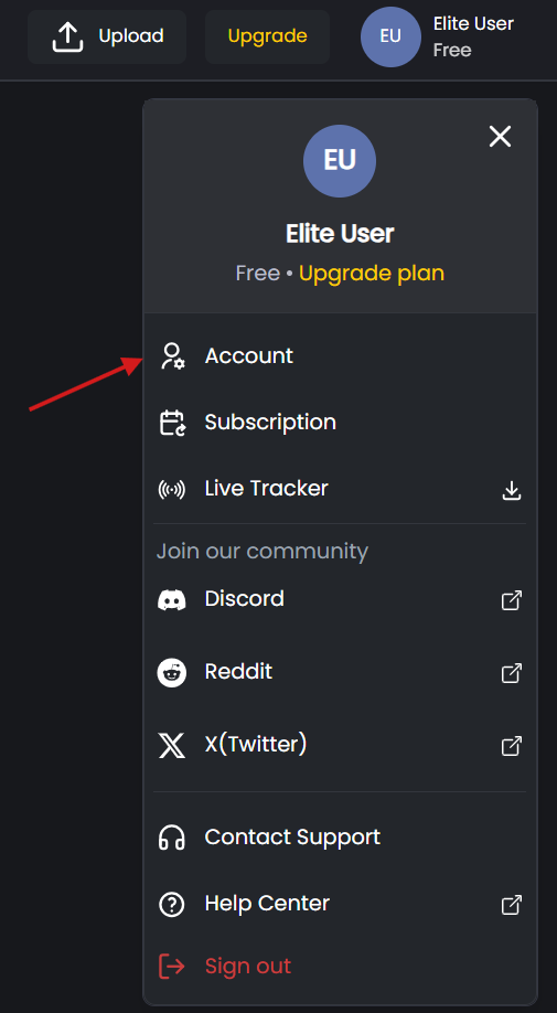 FlopHero user menu open, highlighting the Account option along with Subscription, Live Tracker, and community links.