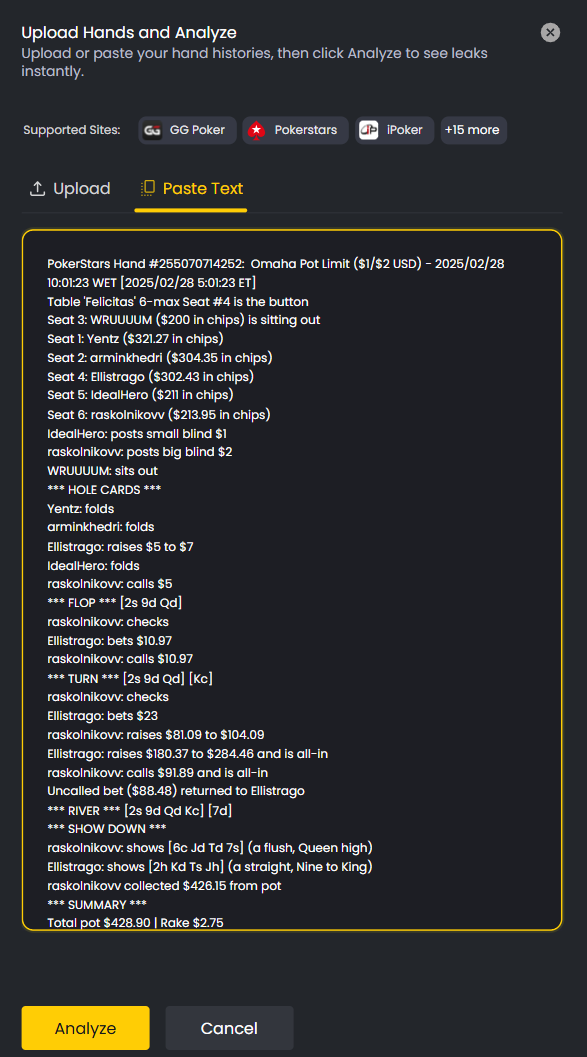 FlopHero upload modal showing the Paste Text tab with a full hand history pasted into the input box.