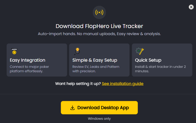 FlopHero Live Tracker download screen showing setup options and desktop app button