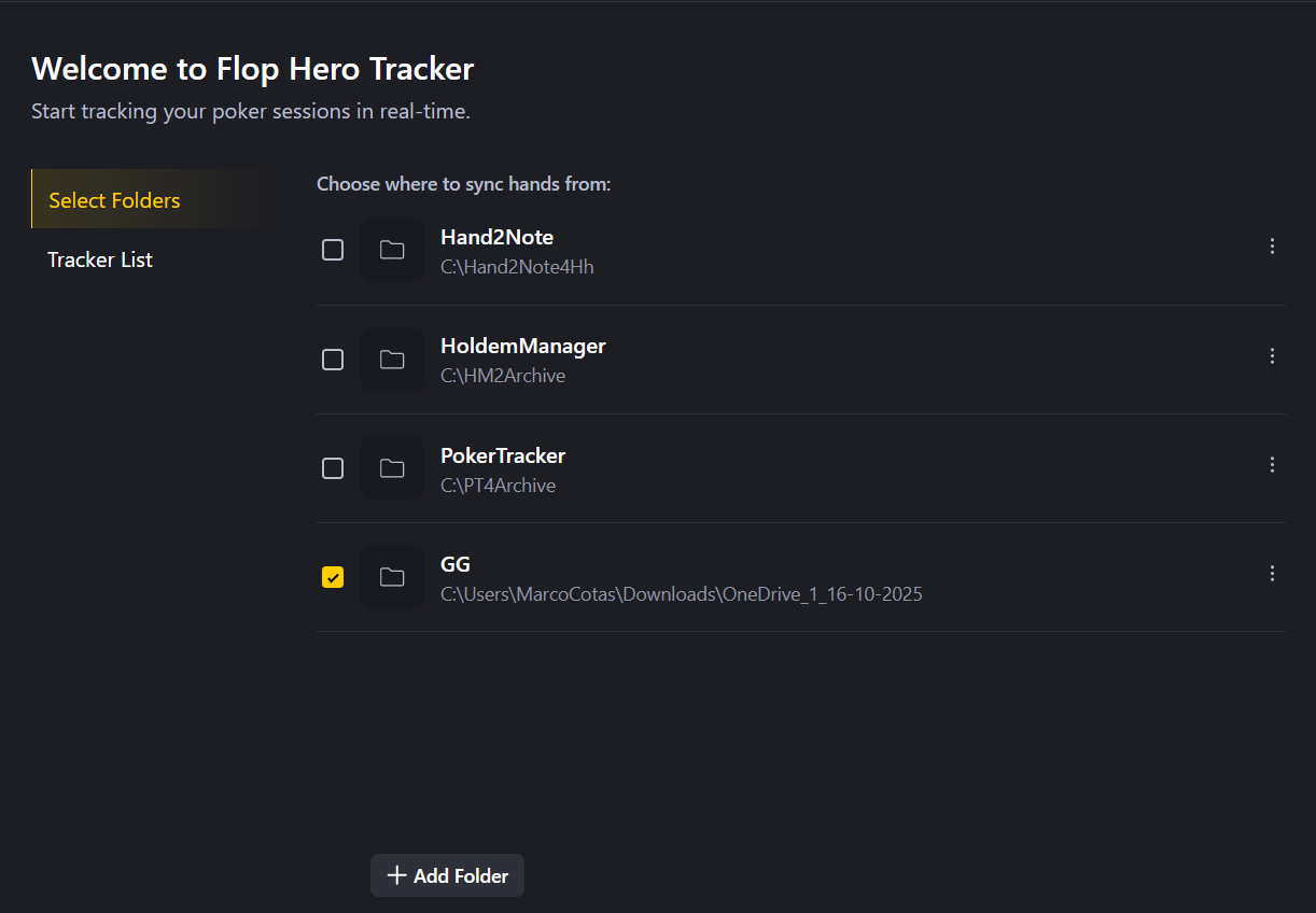 FlopHero Live Tracker folder selection screen showing available tracker directories such as Hand2Note, HoldemManager, PokerTracker, and GG, with the GG folder selected for syncing hands.