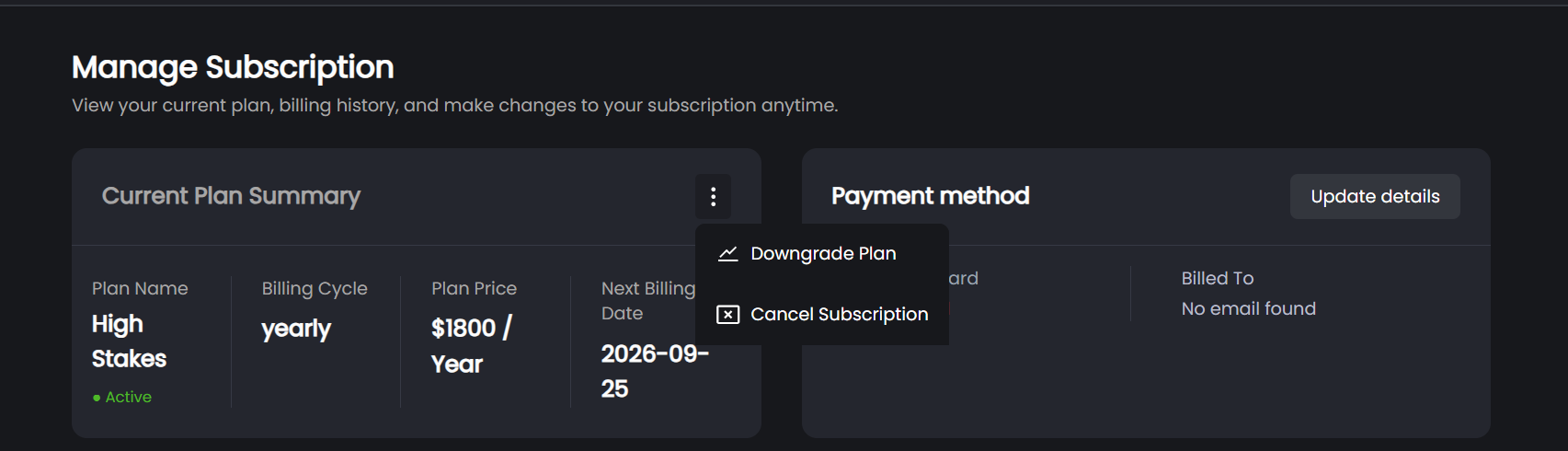 Managing subscription with downgrand and cancel options