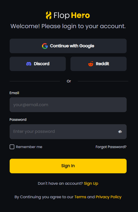 FlopHero login screen showing Google, Discord, and Reddit sign-in options, plus email and password fields.