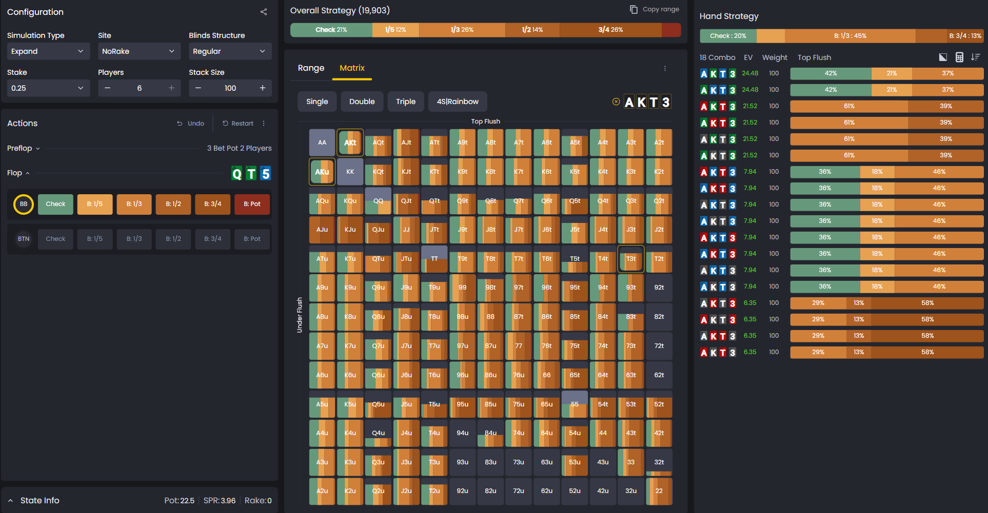 FlopHero strategie menu showing BTN open, BB 3-bet, BTN call