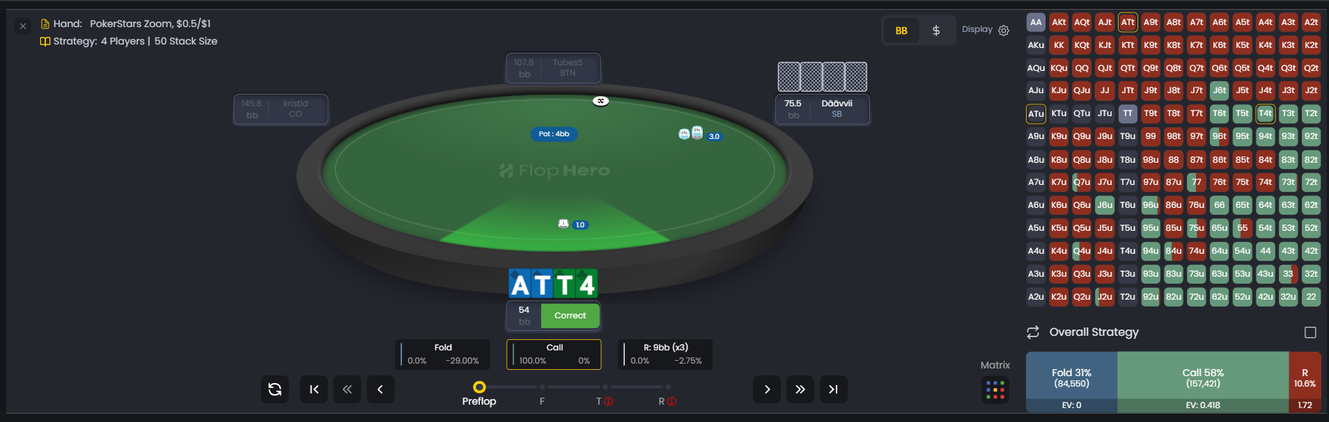 FlopHero Hand Replayer displaying a PLO hand, recommended GTO action, board state, pot size, and the full preflop strategy matrix.