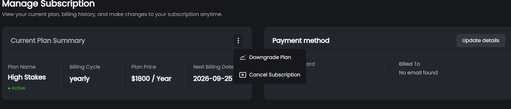 FlopHero subscription dashboard showing plan summary, billing cycle, and payment method