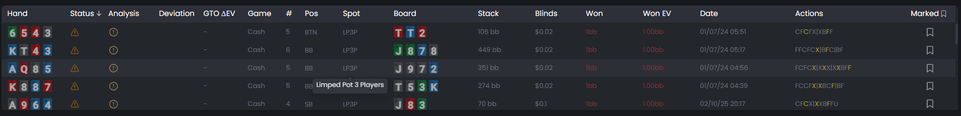 FlopHero hand overview displaying limped pot examples excluded for solver accuracy reasons