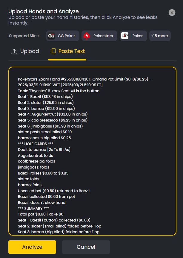 Poker hand history text pasted into the upload field for direct analysis