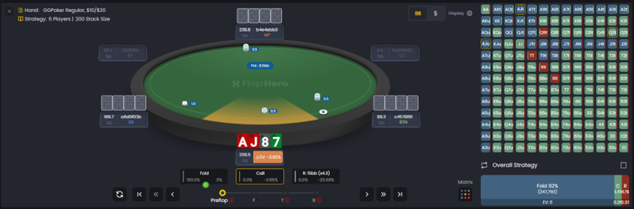 FlopHero replayer with A-J-8-7 hand and full preflop strategy matrix.