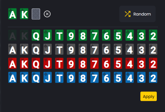 Board card selector interface for choosing flop, turn, and river textures in postflop simulations