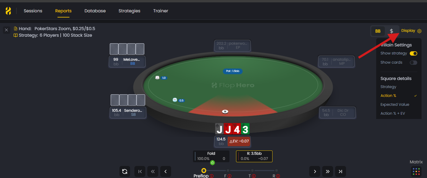 FlopHero Replayer interface displaying a poker hand with customizable analysis panels and layout options