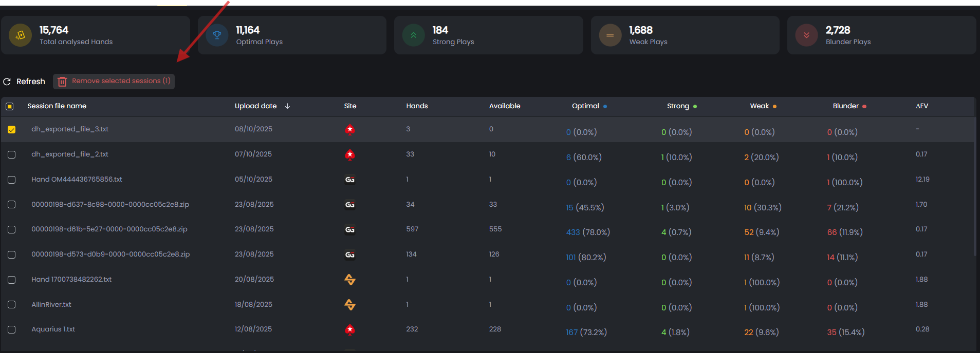Session list in FlopHero database with delete file option for removing specific uploads
