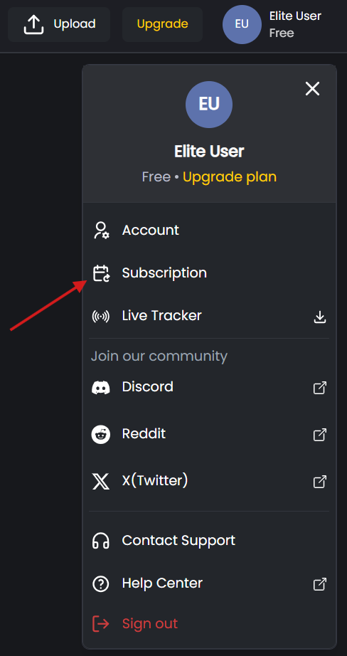FlopHero user menu open, highlighting the Subscription option with shortcuts to Discord, Reddit, Twitter, and Support.