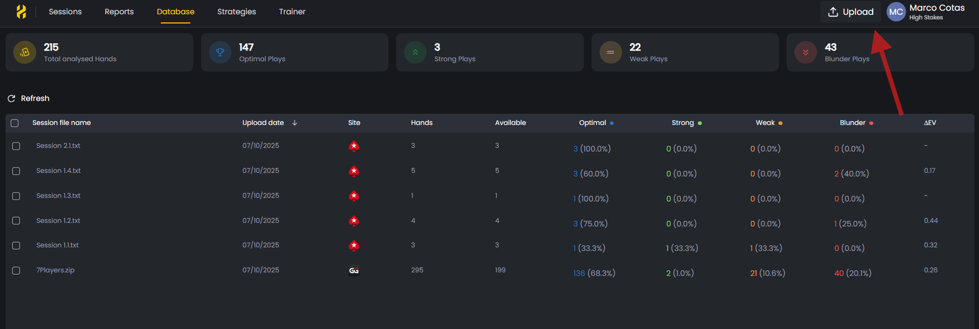 Database view showing uploaded poker hand histories with performance metrics and GTO accuracy