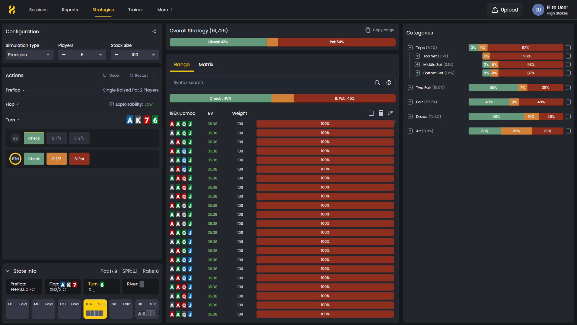 FlopHero Hand Replayer displaying a postflop turn decision with EV comparison between betting and checking options.