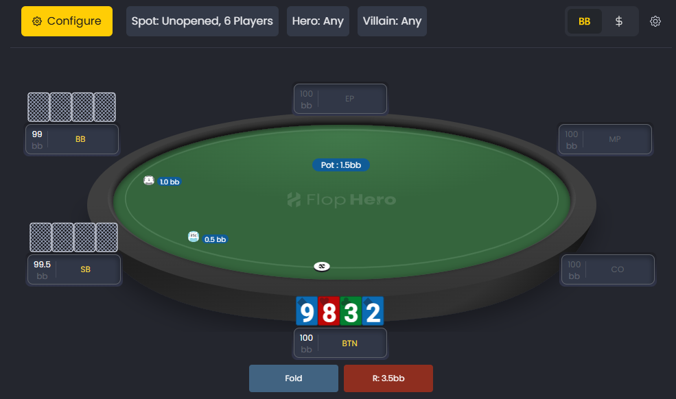Trainer table showing preflop scenario setup with player positions and betting options