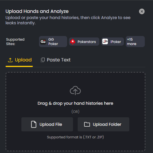 Upload hand histories window in FlopHero